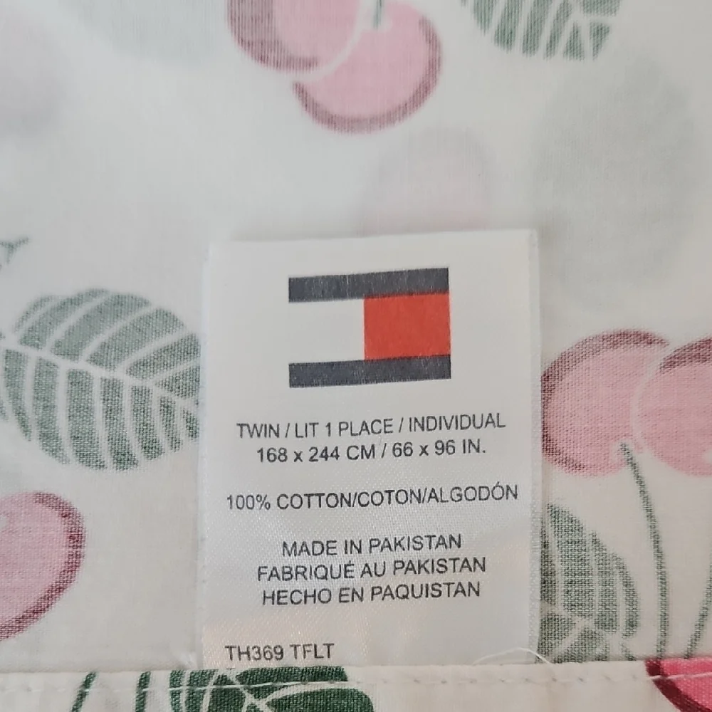Tommy Hilfiger Pink Red Cherries Green Leaf Cotton Twin Flat Sheet
